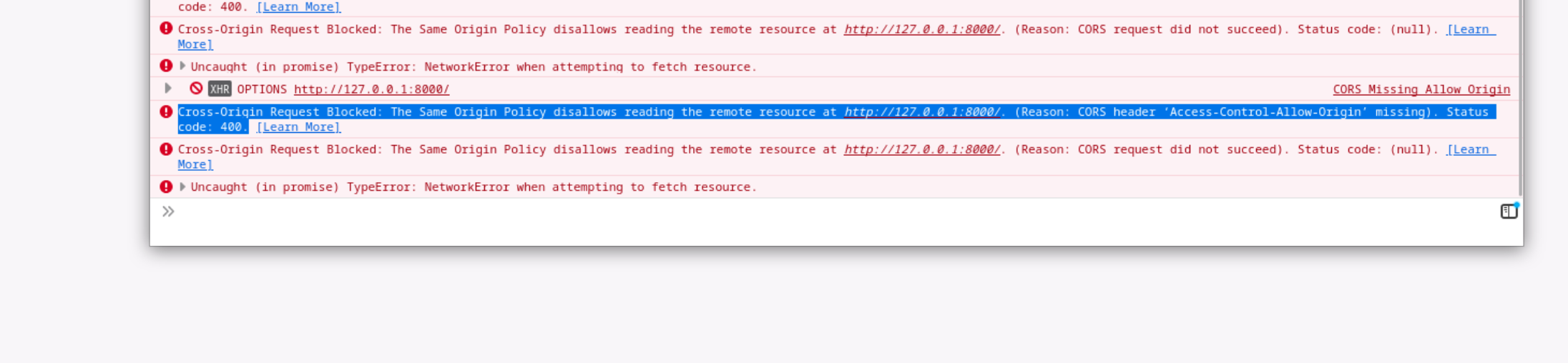 A screenshot of firefox console showing a Cross-Origin-Request Error